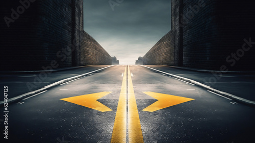 Different thinking and Business and technology disruption concept , Yellow arrow cross direction with white arrow on road asphalt, Generative Ai