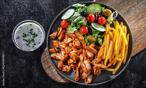 Kebab served with french fries, vegetable salad and tzatziki