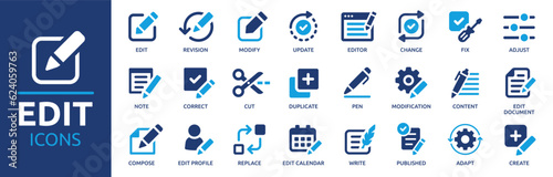 Edit tool icon set. Containing editor, create, adjust, note, compose, revision, cut, duplicate, pen and document icons. Solid icon collection. Vector illustration.