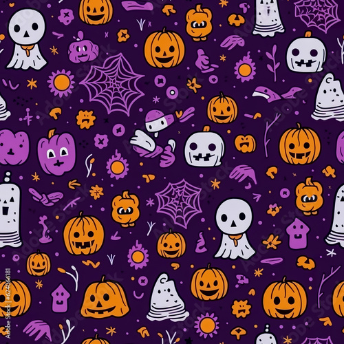 Seamless pattern with hand drawn halloween doodles. Childish tiling background with cartoon spooky ghosts, skulls, bones, spider. Generative AI