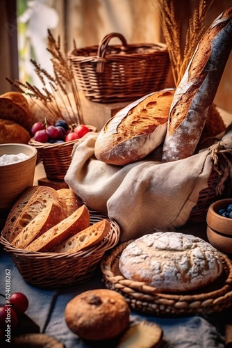 Composition with bread and bakery products on dark background. Bakery concept. Generative AI technology.