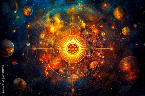 Scène ésotérique, thème astral, cartomancie, zodiaque, astrologie - Générative IA
