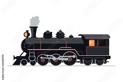 Retro train, classic black locomotive on a white background. Vector illustration