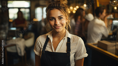 Portrait of happy woman standing at her store. Cheerful mature waitress waiting for clients at coffee shop. Successful small business owner