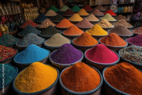 Colorful spices at a traditional market in Marrakech, Morocco. Image generated by artificial intelligence