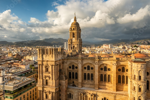 Malaga Cathedral of the incarnation at sunset, Spain