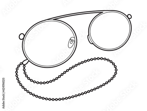 Pince-nez frame glasses fashion accessory illustration. Sunglass 3-4 view for Men, women, silhouette style, flat rim spectacles eyeglasses with lens sketch outline isolated on white background
