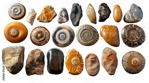 Collection of fossil rocks. isolated object, transparent background