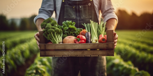 Farmer holding wooden box full of fresh raw vegetables. healthy food photography. close-up. product photo for restaurant. generative ai