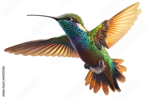 Beautiful Hummingbird in Flight on white background . AI generated Illustration.