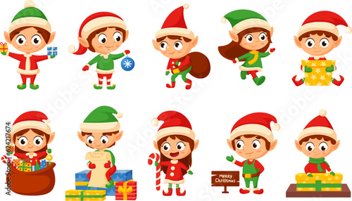 Christmas elf, santas helpers elves characters. Magic cute kids with gifts, xmas creatures for holiday workshop. New year nowaday vector clipart