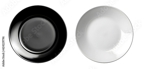 Set of black and White ceramic plate on transparent background cutout, PNG file. Mockup template for artwork graphic design