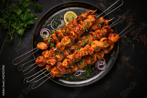 Indian chicken tikka on skewers, Indian tandoori chicken kabab spicy dish cuisine