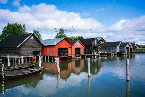 The colorful boathouses of Sjökvarteret in Mariehamn, Åland Islands, Finland