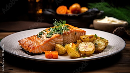 Fried salmon steak with potatoes and vegetables on wooden table. Salmon fish in the restaurant. Generative Ai