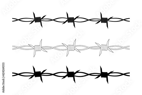 Barbed wire set. Isolated steel barbed wire on white background. Rows of sharp rusty barbwire. Monochromatic design.