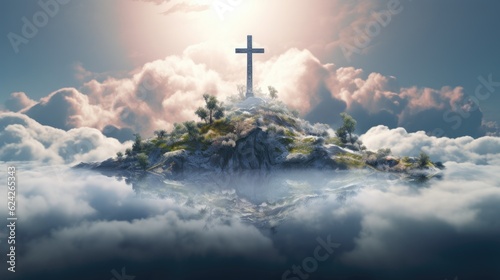 Holy cross symbolizing the death and resurrection of Jesus Christ with the sky over Golgotha Hill is shrouded in light and clouds. Apocalypse concept.