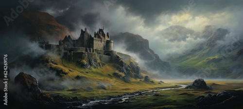 Mysterious medieval castle on a rocky mountain cliff shrouded in dense dark cold morning fog with sunlight barely piercing the cloud cover - generative AI