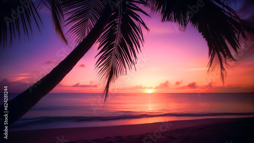 Tropical sunset on the beach. Silhouette of palm trees.