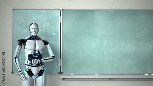 Humanoider Roboter als Dozent in der Schule vor einer Schultafel