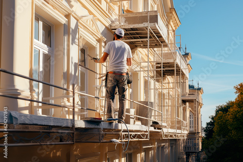 Renovation, restoration, refurbishment. Unrecognizable worker renovating wall of classical style building, standing on scaffolding. Construction worker prepares house facade wall for painting outdoors