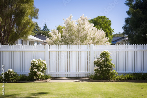 White wooden fence in the backyard and lawn. Generative AI