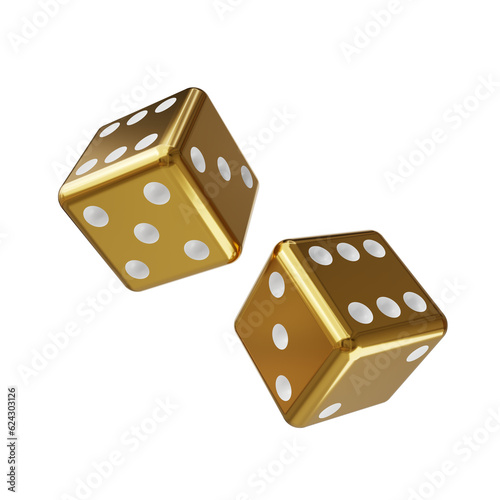 concept of gamble two gold dice and white dot isolated on white background. gold dice and white dot isolated. gold dice isolated 3d render illustration