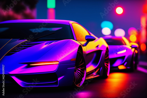 Cyber neon driving green power sport car with hybrid technology automotive. future of automotive technology purple car in a futuristic style. futuristic sports car with neon light. generative ai