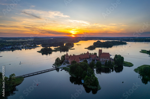 Aerial summer sunny sunset view of beautiful Trakai Island Castle, Lithuania