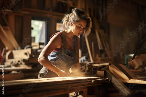 AI generated image of woman in wood shop