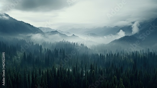 Tall trees in the forest in the mountains covered with the fog