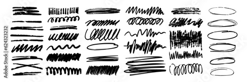 Charcoal scribble stripes and bold paint shapes. Children's crayon or marker doodle rouge handdrawn scratches. Vector illustration of horizontal waves, squiggles in marker sketch style. 
