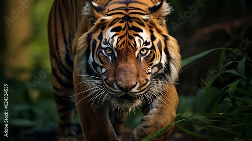 Proud Sumatran Tiger prowling towards the camera Generative AI