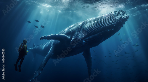 a humpback whale swimming under water with a man near the surface