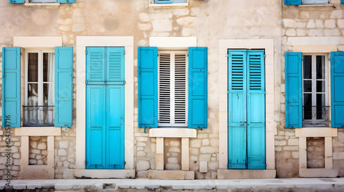 The beautiful mediterranean seaside village house. Aqua Sea Blue window Shutters and door