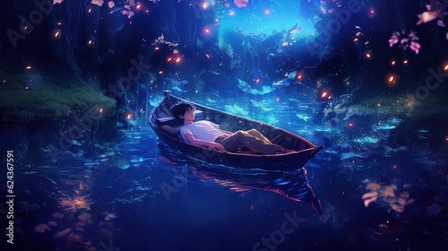  a boy sleeping in row boat at middle of lake at night time, Generative Ai