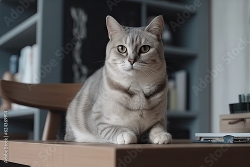 Fluffy Cat Sitting in a Lovely Living Room, Adorable Pet with Copy Space and Friendly Concept in the Background