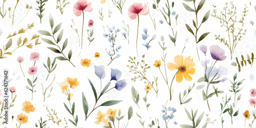 Watercolor floral seamless pattern with scattered wildflowers, leaves and plants. Summer illustration in vintage style on white background.