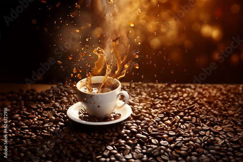 Cup of coffee, expresso with coffee splash on coffee bean background