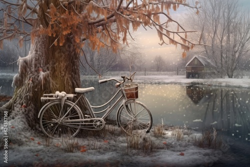 snowflakes falling on an old bike near frozen lake, created with generative ai