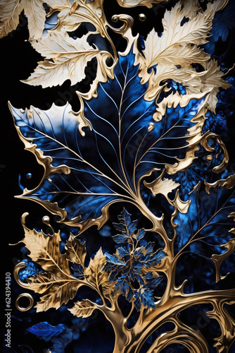 Blue and gold filigree and alcohol ink fusion, Generative AI
