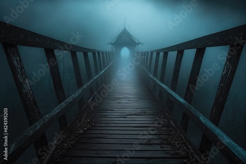 foggy wooden bridge over a dark and mysterious abyss, created with generative ai