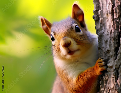 Closeup view of cute squirrel on the tree. AI generated