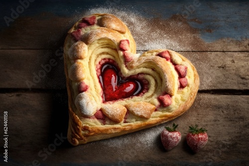 heart-shaped danish pastry with strawberry filling, surrounded by a heart, created with generative ai