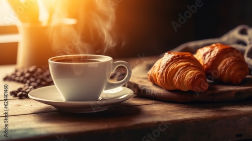 Photo of a delicious breakfast spread with coffee and croissants on a table .generative ai