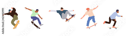 Isolated set of young teenager skateboarders character performing stunts speed riding on longboard