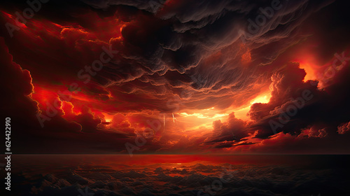 Fiery red and black sky clouds, Thunderclouds. Dramatic sky with heavy clouds