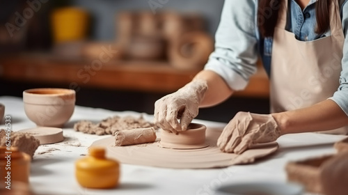Cropped unrecognizable female artisan in apron sitting at table and rolling clay slab with pin while creating earthenware during pottery class, Generative AI