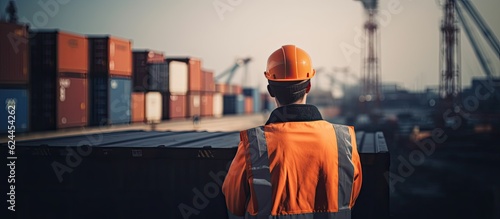 A dock worker in an orange vest and helmet oversees shipping containers.