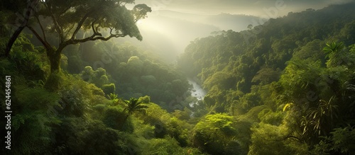 Majestic aerial view of a river snaking through a dense rainforest.